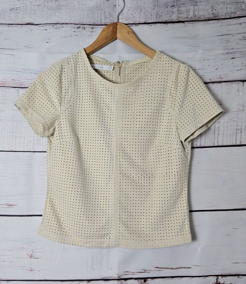 Bishop + Young Womens Top Small Beige Perforated Faux Leather Back Zip